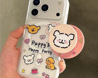 Funda MagSafe para iPhone 17/16/15 Pro Max con diseño de perrito y pastel de dibujos animados – Diseño kawaii de perro doodle con Pop Socket 3D, regalo adorable