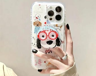 Funda compatible con MagSafe Kawaii Dog Cartoon para iPhone 17/16/15 Pro Max, diseño retro de cachorro con gafas rojas y amigos, funda adorable para amantes de las mascotas.