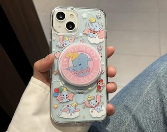 Funda para teléfono Disney Style Dumbo 3D PopSocket MagSafe para iPhone 17/16/15 Pro Max - Estampado vintage de elefante, nube y ratón, cubierta transparente a prueba de golpes