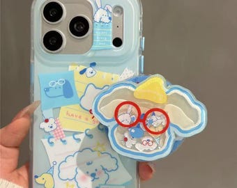 Funda para teléfono compatible con MagSafe con diseño de lindo cachorro Kawaii para iPhone 17/16/15 Pro Max, diseño de conejito de dibujos animados azul transparente con gafas, cubierta de TPU suave y estética