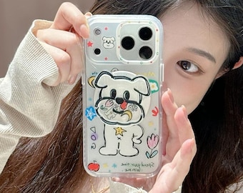 Graffiti Puppy MagSafe iPhone Case for iPhone 17/16/15ProMax – Kawaii Doodle Dog Design with 3D Pop Socket & Clear Anti-Yellowing Protection