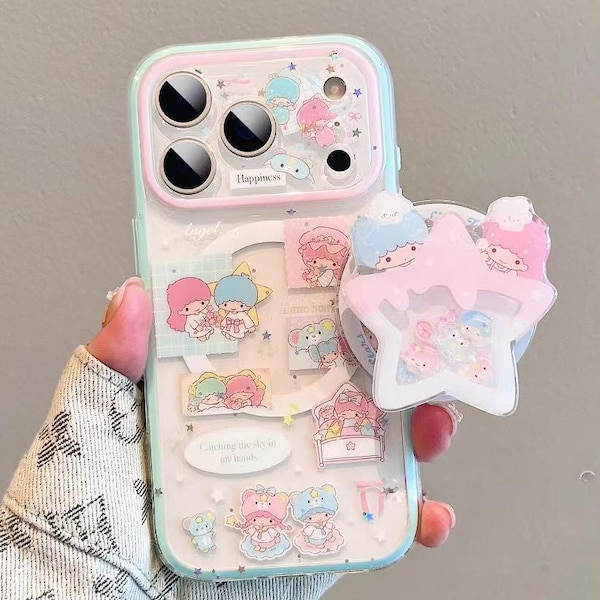 Magnetische doorzichtige hoesset met roze sterstandaard voor iPhone 15/16/17 Pro Max