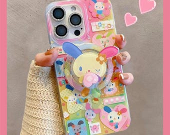 May include: A colorful phone case with a variety of cartoon characters and designs. The case features a pop-up bunny, flowers, and hearts. The case has a pink border and the text "LZCoverDesign".