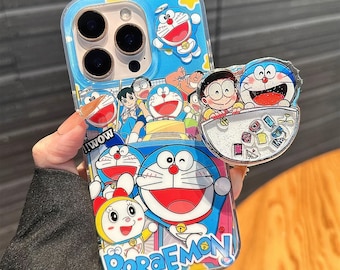 Funda transparente compatible con MagSafe de Doraemon y sus amigos para iPhone 17/16/15 Pro Max: bonita funda de dibujos animados con Pop Socket con purpurina 3D, regalo perfecto.