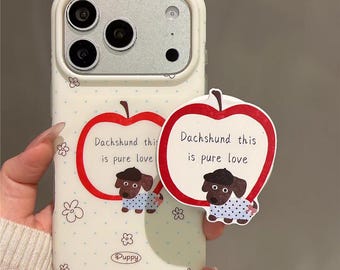 Dachshund Cartoon Case, Cream White Blue Dots, Apple Stand (iPhone 17/16/15 Pro Max)