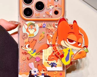 MagSafe-compatibel Zootopia Nick & Judy Couple-hoesje voor iPhone 17/16/15 Pro Max – leuke cartoon doorzichtige hoes met 3D-popsocket, magnetische grip