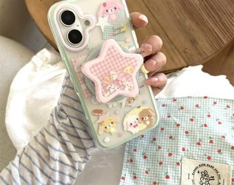 MagSafe Compatible Pink Star Squishy Window Case for iPhone 17/16/15 Pro Max – Kawaii Bunny & Dog Clear Cover (Perfect for Cute Lovers
