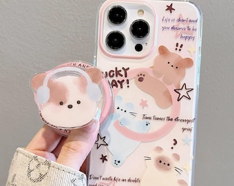 MagSafe Compatible Pink Clear Case with Cat Chick Pop Socket for iPhone 17/16/15 Pro Max – Kawaii Sparkle Heart Design,Cute 3D Grip Cover