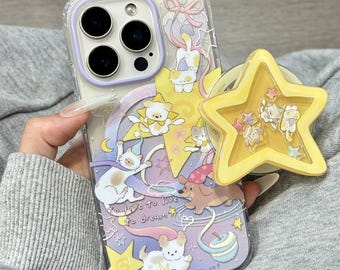 Funda para teléfono Star Shaker MagSafe para iPhone 17/16/15 Pro Max – Escena de ensueño de mascotas kawaii con Pop Socket de estrella 3D y cubierta protectora transparente