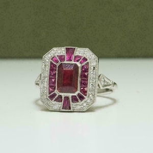 Vintage Art Deco Ruby Engagement Ring, Emerald Cut Ruby Target Ring, Antique Pink Gemstone Statement Ring 925 Sterling Silver Gift For Her