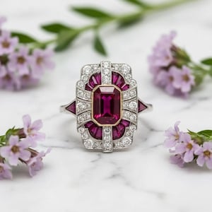Art Deco Emerald Cut Ruby Engagement Ring Vintage Rectangular Shield Ring Moissanite Halo Ring Antique Geometric Cocktail Ring For Her
