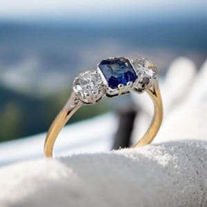 Blue Sapphire Three Stone Engagement Ring, Art Deco Moissanite Jewelry, 925 Sterling Silver