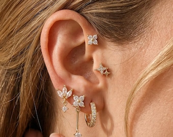 Conjunto de pendientes trepadores impermeables con forma de estrella y flor, aros pequeños minimalistas para cartílago, ideales para el Día de la Madre, aniversarios y cumpleaños.