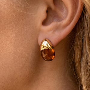 以下が含まれることがあります： 上部に滑らかで光沢のあるゴールドトーンの金属製キャップ、下部に半透明の琥珀色の樹脂製ティアドロップ型ストーンをあしらったスタッドピアス。ピアスは丸みを帯びた有機的な形状で、ポストで耳たぶに固定されています。
