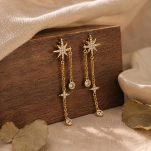 Summer Starburst Celestial Dangling Earrings Sparkly Flatback Drop Chain Stud Bridesmaid Wedding Graduation Holiday Daily Gift for Her
