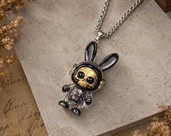 Steampunk Bunny Skull Pendant, Resin Robot Rabbit Charm, Electronic Component Necklace
