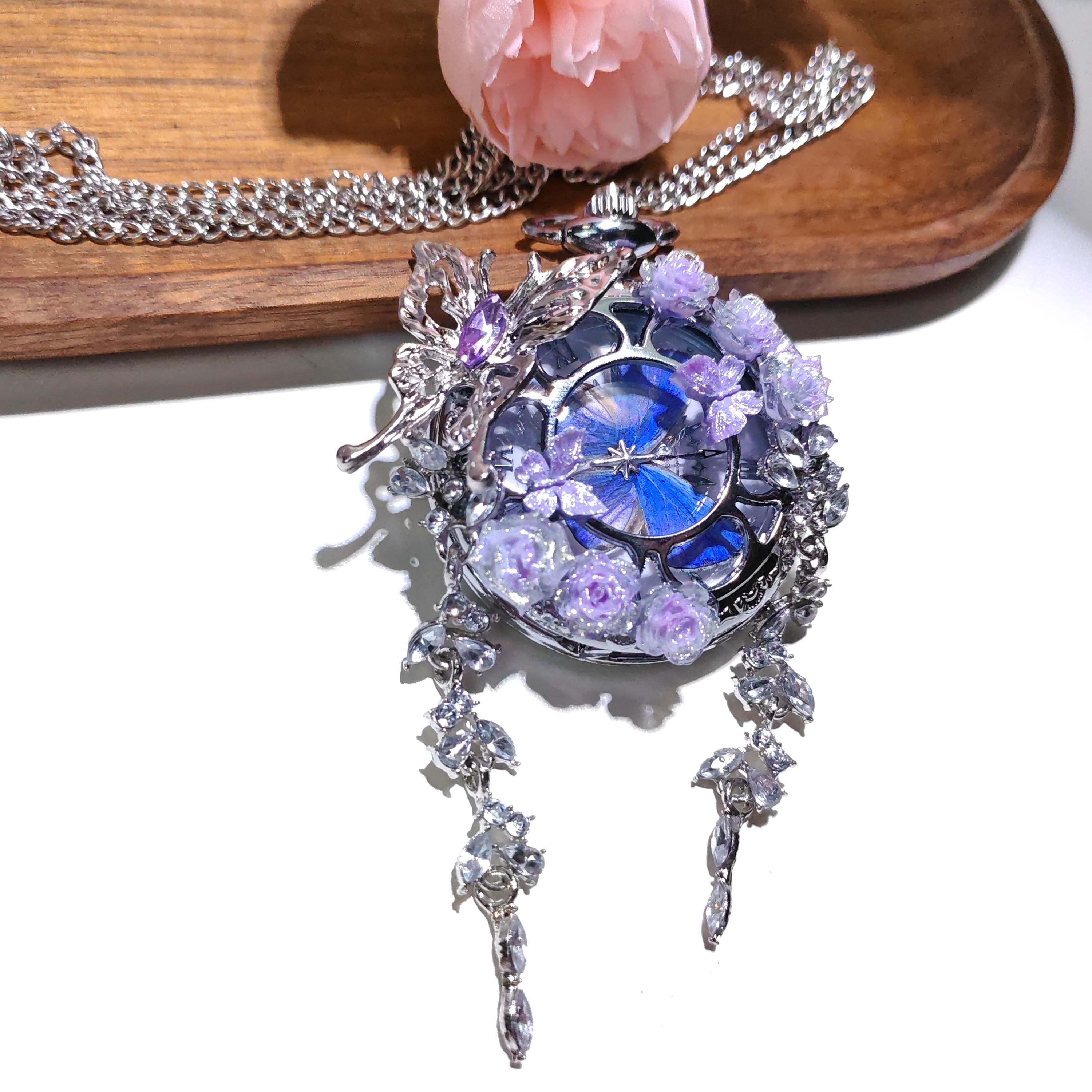 Real Butterfly Specimen Pocket Watch Necklace: Rotating Blue Butterfly, Lavender Rose Fairycore Jewelry