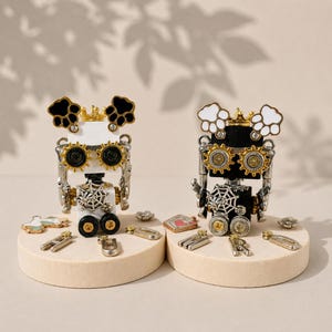 May include: Two robot figurines featuring gear-shaped eyes, crown accents, and spiderweb chest designs. One robot is primarily white with black accents, while the other is black with white accents. Both figures are displayed on circular wooden bases.