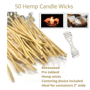May include: A bundle of 50 hemp candle wicks. The wicks are beige and pre-tabbed. A metal centering device is included. The text on the image says the wicks are ideal for containers 2 inches wide.