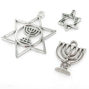 Hannukah Jewish Silver Charms Findings For Jewelry Making, Menorah Charm, Menorah in Star of David,2 Selections, Gift For Beader, 10 pcs
