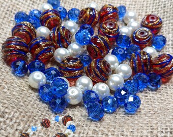 Glass Beads Bulk for Bracelet Making, School DIY Jewelry Supplies, Red White Blue Patriotic Americana USA Beads, Gift for Beader, 235 Pcs