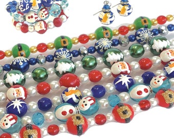 Christmas Holiday Glass Beads For Bracelet Making, Santa Claus Santa Elf Belt Angel Star Snowman Tree Snowflake, DIY Jewelry Supplies 1 std
