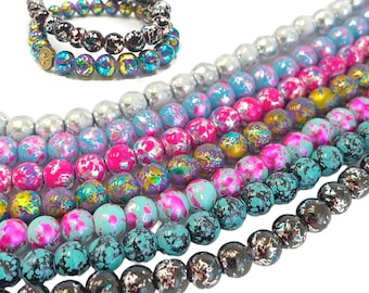 Glass Beads Bulk for Bracelet Making, DIY Jewelry Supplies, Splash Pattern Assorted, Round 8mm Spacer Bead Finding, Gift for Beader, 200 pcs