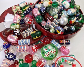 Christmas Beads Bulk for Bracelet Making, Craft DIY Jewelry Supplies, Santa Snowman Gingerbread Man Tree Beads, Gift for Beader, 20 or 40 pc