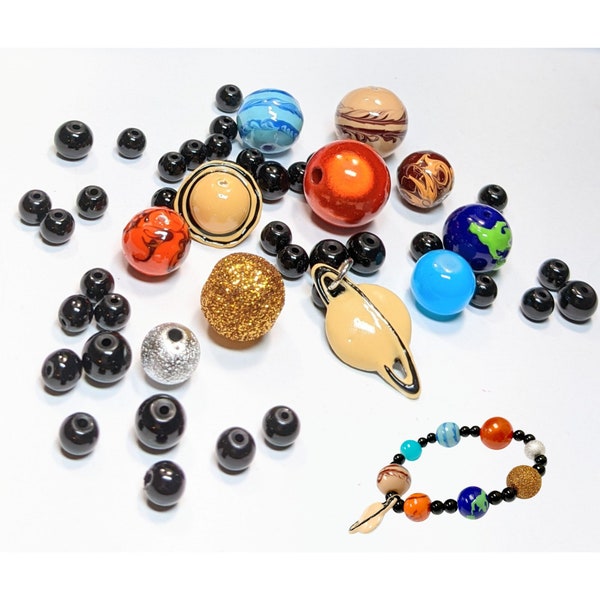 Glass Beads For Jewelry Making, DIY Jewelry Supplies, Gift For Beader, Science Solar System Planets Bead Kit, 40 pcs