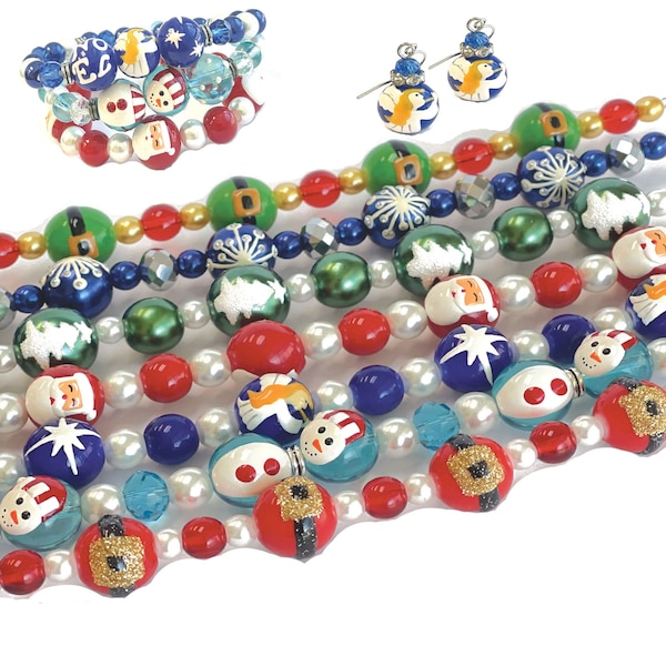 Christmas Holiday Glass Beads For Bracelet Making, Santa Claus Santa Elf Belt Angel Star Snowman Tree Snowflake, DIY Jewelry Supplies 1 std