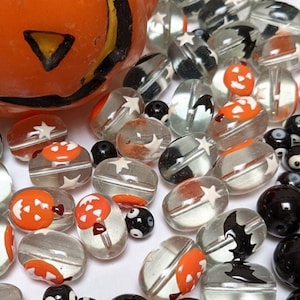 Mix Lot Glass Beads For Bracelet Jewelry Making - Halloween Beads Bulk - DIY- Jack-O-Lantern- Pumpkin Bat Star dot Beads Finding 115 pcs
