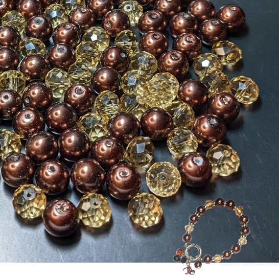 Glass Beads Bulk For Bracelet Making, Golden Brown Beads Gift For Beader, Preschool Craft DIY Jewelry Supplies, 175 pcs