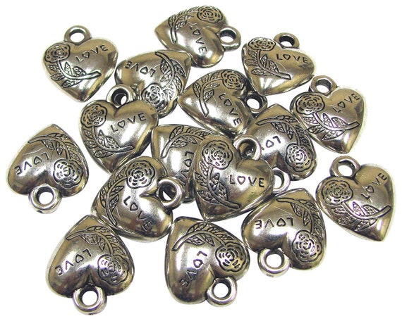 Silver Heart Charms For Jewelry Making, Heart Pendants Findings Bulk For Beader, Message Charms DIY Craft Supplies, Gift For Beader, 20 pcs