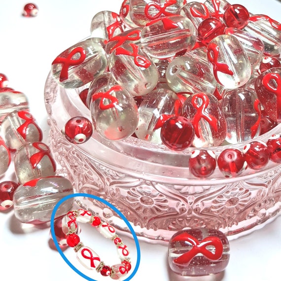 Glass Beads Bulk For Bracelet Making, Craft DIY Jewelry Supplies, AIDS Heart Red Ribbon Awareness Supplies, Gift For Beader, 140 pcs