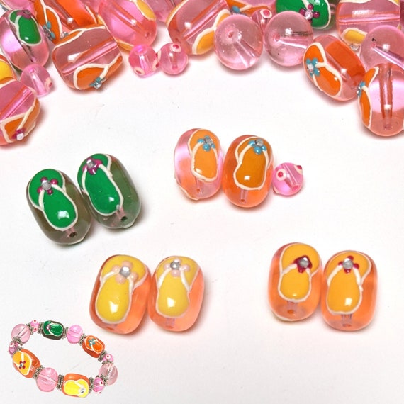 Glass Beads Bulk For Bracelet Making, Beach Ocean Pink Flip Flops Sandals Slippers Beads, DIY Jewelry Supplies, Gift For Beader, 140 pcs