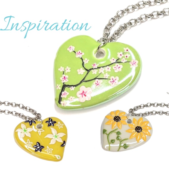 Heart Pendant For Necklace Making, Porcelain Ceramic Heart Flower Beads, Craft DIY Jewelry Supplies, Gift For Beader, 5 Selections, 1 pc