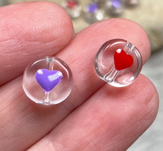Heart Beads Flat Round Valentine Love Pink Purple Glass Beads Round 10mm 10 pcs