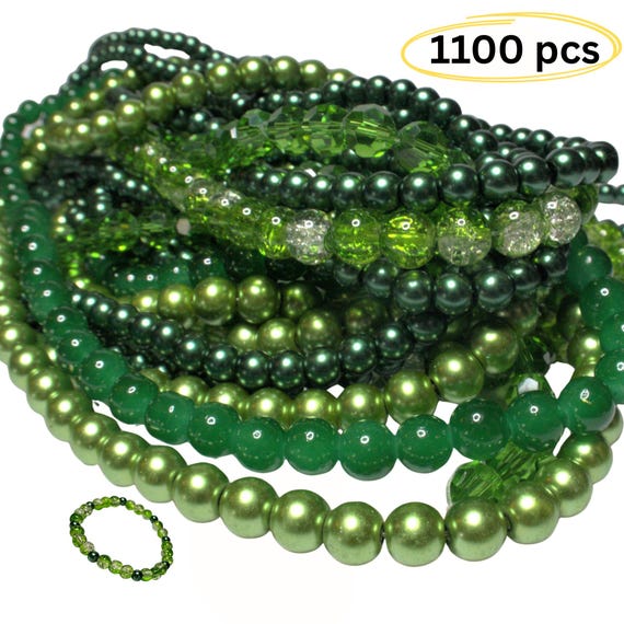 Glass Beads Bulk for Bracelet Making, Craft DIY Jewelry Supplies, Irish Christmas Green Round Beads, Gift for Beader, 6 to 8mm 1 lb 1100 Pcs