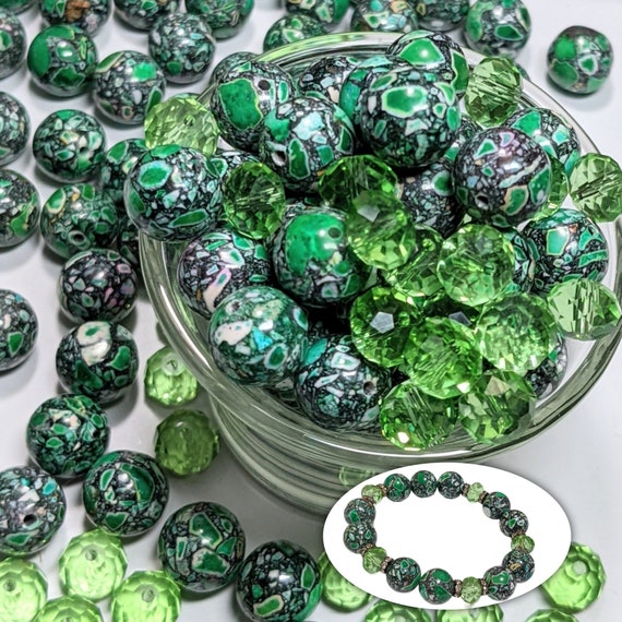 Gemstone Speckle Glass Beads Bulk For Bracelet Making, Irish Green Peridot Stones, Craft DIY Jewelry Supplies, Gift For Beader, 180 pcs