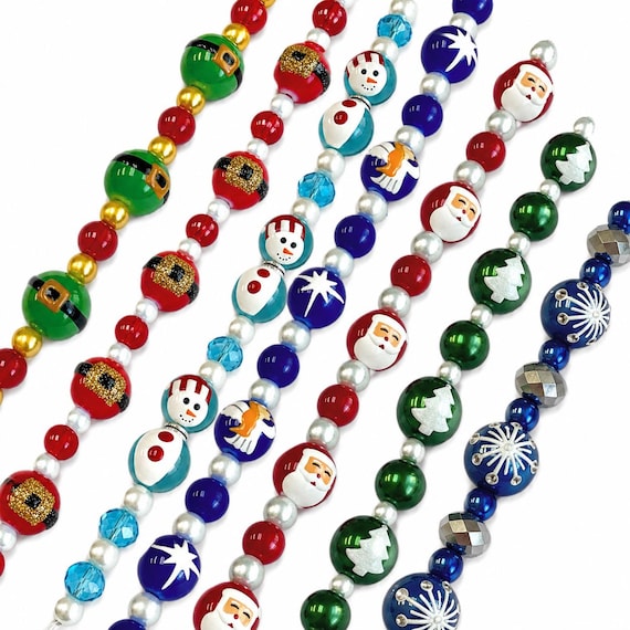 Christmas Holiday Glass Beads for Bracelet, Santa Claus Santa Elf Belt Angel Star Snowman Tree Snowflake, DIY Jewelry Supplies, 8 Selections