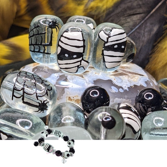 Glass Beads For Bracelet Making, Halloween Beads Bulk, Mummy Spider Web Beads, Craft DIY Jewelry Supplies, Gift For Beader, 115 pcs
