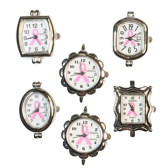 Silver Watch Face for Bracelet Watch Making, Interchangeable Breast Cancer Pink Ribbon Awareness Time Piece, Gift for Maker, Assorted, 6 pcs