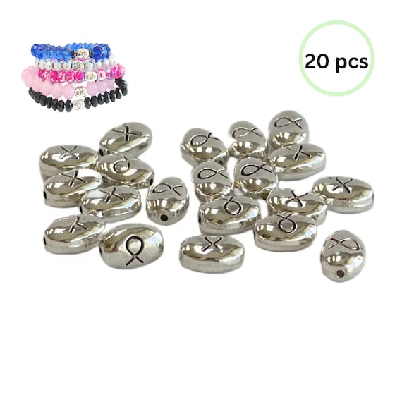 Silver Oval Ribbon Beads Bulk for Bracelet, Cancer Awareness Fundraiser DIY Jewelry Supplies, Birthday Gift for Beader, 2 Sizes, 20 Pc