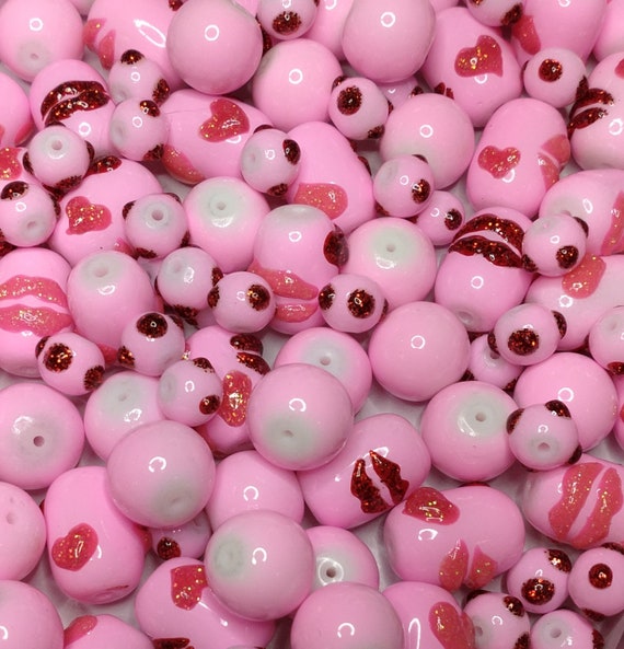 Lip Beads - Pink Hearts Beads - Red Pink Glass Beads For Bracelet Jewelry Making - Valentine Preschool DIY Beads Findings Supplies - 144 pcs