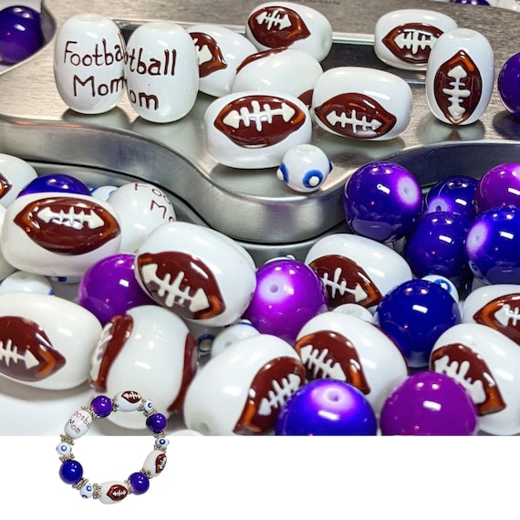 Glass Beads Bulk For Bracelet Making, School Craft DIY Jewelry Supplies, White Blue Football Beads, Gift For Beader Football Mom, 140 pcs