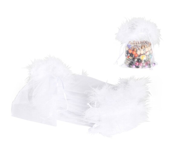 Organza Bags Drawstring Feather Pouches, White Fur Trim Party Favors Bags, Sheer Ribbon Wedding Supplies Favor Bags, 12 Pcs, 5x7 or 7x9 inch