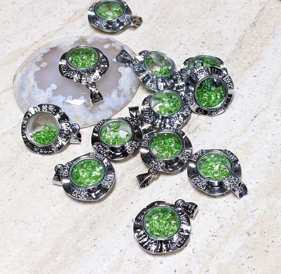 Necklace Charm Pendant - Green Crystal Charms for Jewelry Making - Craft Supplies - Birthstone color tiny crystal pieces inside - 12 PCS
