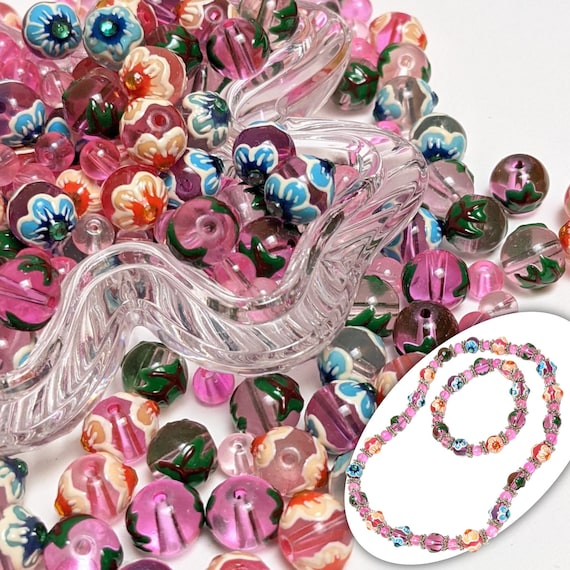 Glass Beads For Bracelet Making, Hawaiian Flower Luau Beads, Purple Beads Finding, Preschool DIY Jewelry Supplies, Gift For Beader, 340 pcs