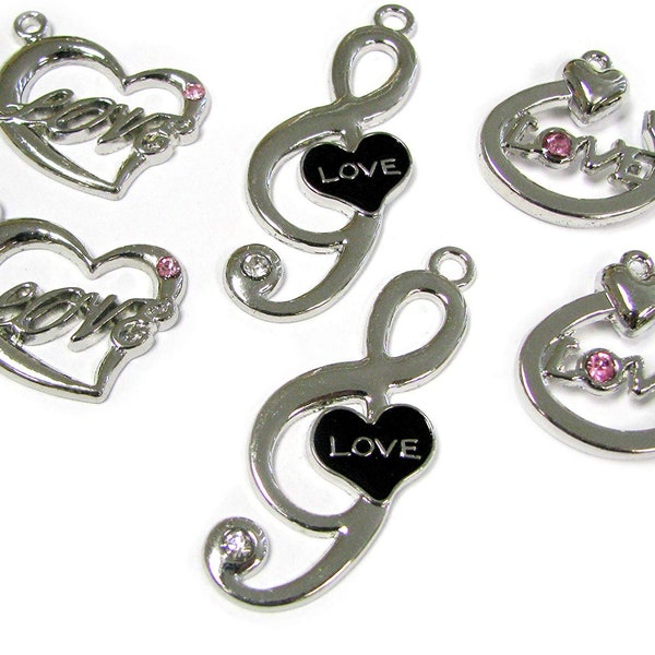 Love Charm For Bracelet, Silver Pendants For Jewelry Making, Heart Music Notes Rhinestone Charms, DIY Craft Supplies, Gift For Beader, 6 pcs