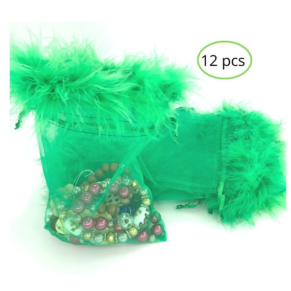Organza Bags Drawstring Feather Pouches - Fur Trim Wedding Christmas Party Favors Bags - Green Sheer Ribbon Gift Pouches -  12 Pcs  5X7 Inch